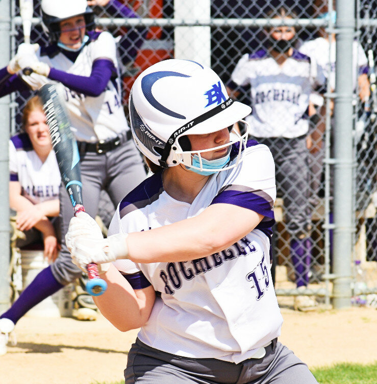 Junior Ashley Knight totaled three hits during the Rochelle Lady Hub varsity softball team's doubleheader with Indian Creek on Saturday. (Photo by Russell Hodges)