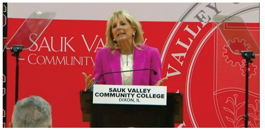 First lady Jill Biden visits Sauk Valley Community College in Dixon to discuss federal relief and investments in higher education. (Credit: Illinois.gov)