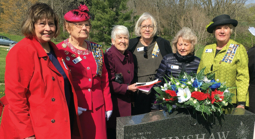 Courtesy of Clinton DAR — 
The State Organization of The Daughters of the American Revolution held its 125th State Conference April 22-25 2021.  A grave marking was held for DeWitt Clinton NSDAR member Joyce Schafer Hinshaw who was state regent 2001-2003. Joyce joined the chapter in 1978 and served as regent, treasurer as well as other state offices and committee chairmen. Those attending from DeWitt Clinton were Regent Rosemary Parker, Carole Wylder, Jane Waddock, Lynne Gray, and Joyce Smiley. Also pictured is District III director Julie Woller from Champaign.  Other members attended virtally.