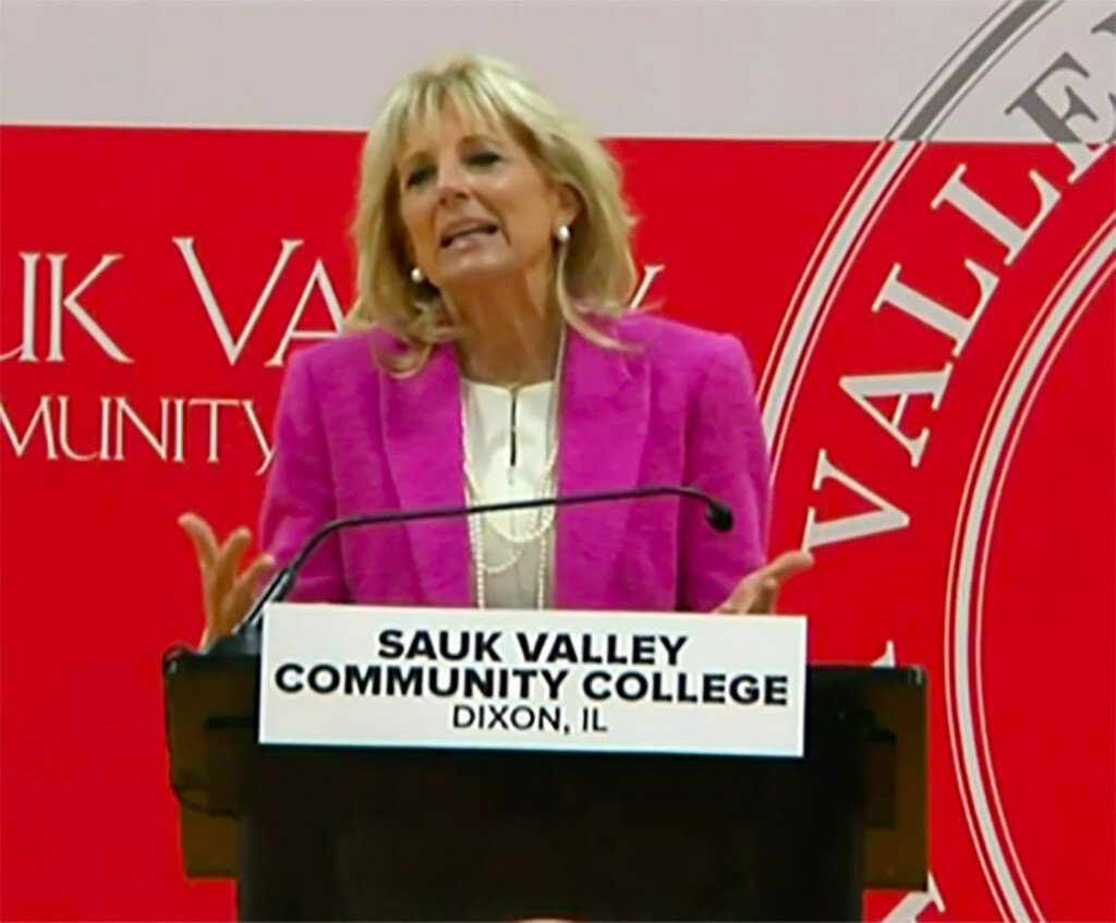 First lady Jill Biden discusses how the American Rescue Plan will support higher education in Illinois during a visit to Sauk Valley Community College in Dixon on April 19.