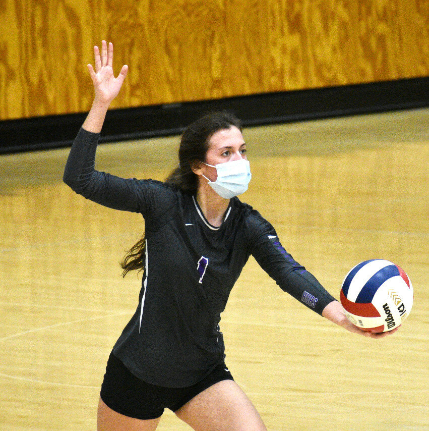 Senior Clare Green serves for the Lady Hubs during Rochelle's varsity volleyball match against Stillman Valley. Green totaled 34 assists and nine digs in the match. (Photo by Russell Hodges)