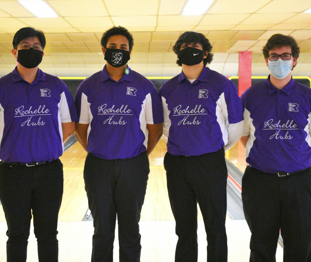 The Rochelle Hub bowling team recognized its four seniors before battling the Kaneland Knights on Thursday. Above from left to right are Leo Hernandez, Keith Holland, Reese Kirk and Shane Sedlock. (Photo by Russell Hodges)