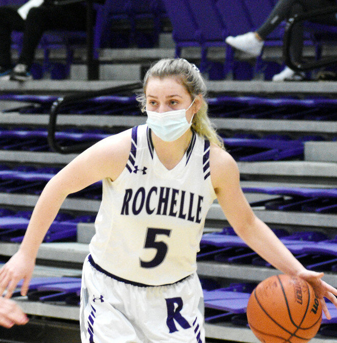 Junior Lucy Bunger and the Rochelle Lady Hub basketball team suffered a tough loss at Morris on Monday. (File photo by Russell Hodges)
