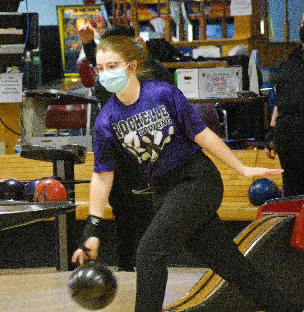 Junior Carly Summers toes the foul line for the Rochelle Lady Hub varsity bowling team. (Photo by Russell Hodges)