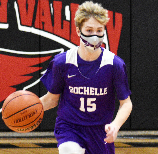 Freshman Jack Lodico brings the ball up the floor for the Hubs. Lodico totaled six points in Rochelle's fresh-soph win over Stillman Valley on Friday. (Photo by Russell Hodges)