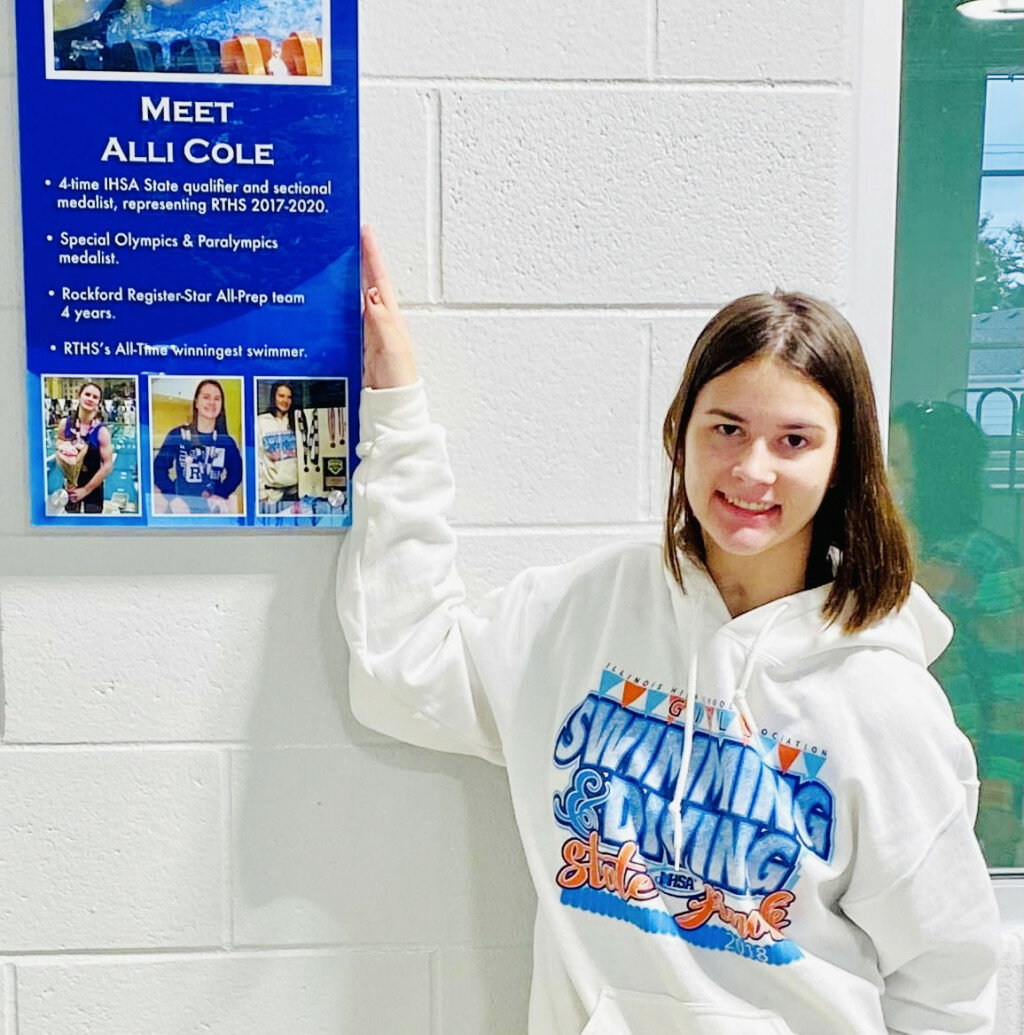 Rochelle senior Alli Cole will have her swimming accolades on display inside the Aquatic Center at the Flagg-Rochelle Community Park District’s Recreation Center. The Cole Family Memorial Fund recently made a $15,000 donation to the facility. (Courtesy photo)