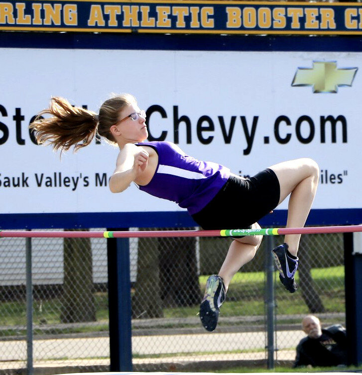 Junior Teagan Meyers clears the bar in the high jump during Rochelle’s track and field meet at Sterling in 2019. Meyers will be a leading contributor for the Lady Hubs this coming season. (Photo by Marcy DeLille)