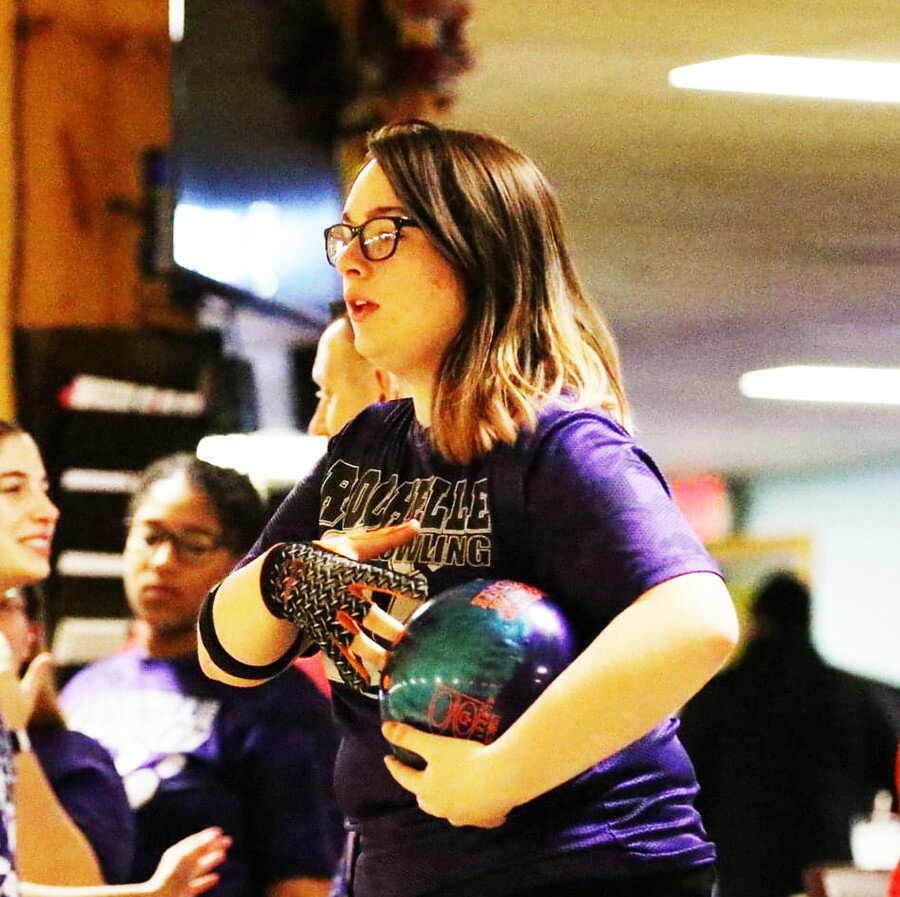 Junior Alyssa Mickley steps on the approach during match play this past season. The Lady Hub bowler has been a leading scorer throughout her time on the varsity team. (Photo by Marcy DeLille)