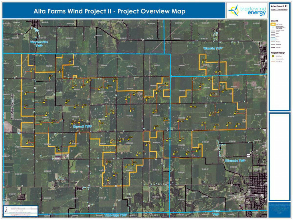 Courtesy of Tradewind Energy — 
A map showing, in yellow borders, the footprint of the planned Alta Farms II wind energy project.