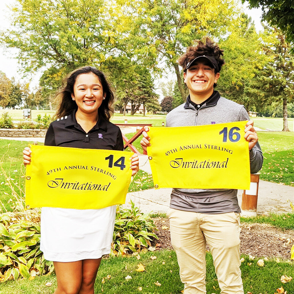 Rochelle seniors Megan Thiravong (left) and Reese Kirk (right) show off their flags after finishing 14th and 16th, respectively, in the 49th Annual Sterling Invitational at Emerald Hill Golf Course on Saturday. (Courtesy photo)