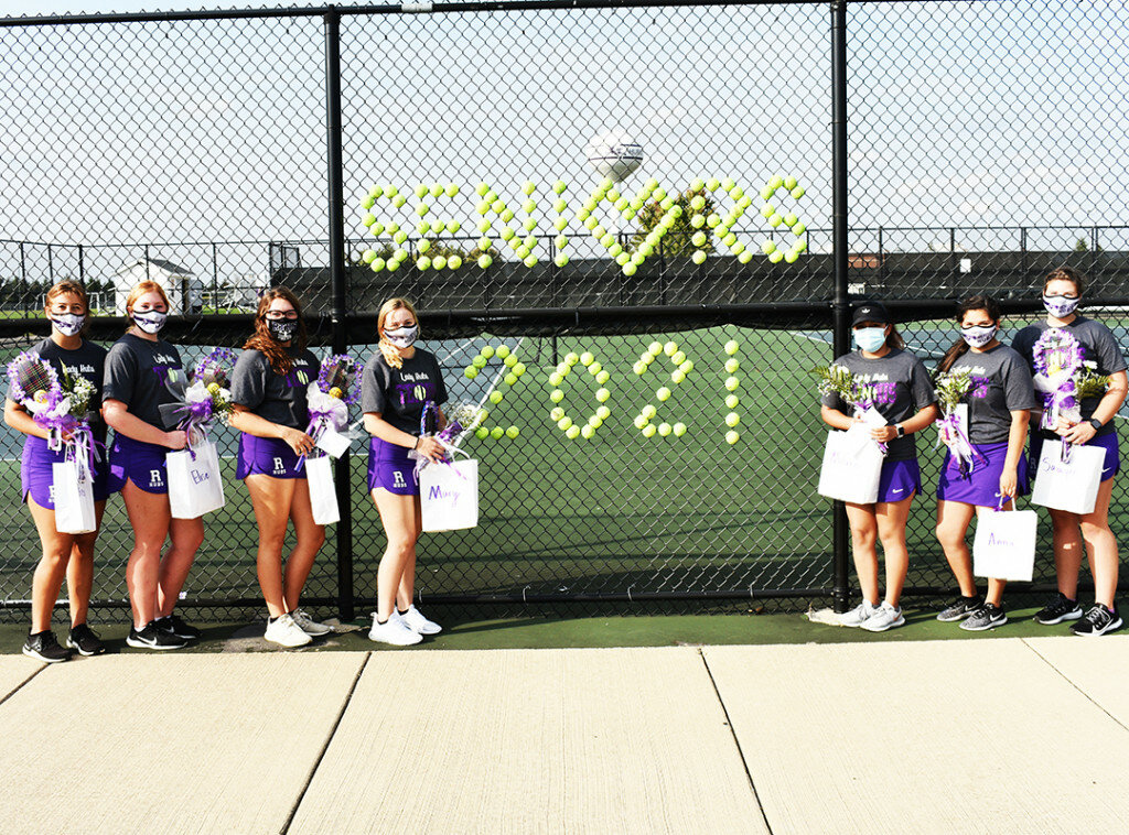 The Rochelle girls tennis team honored its seven senior players before taking the court against the Dixon Duchesses on Thursday. Above from left to right are Alexis Sanford, Elise Hayenga, Zoe Hardcastle, Mary Coglianese, Melanie Gonzalez, Anna Guevara and Sawyer McGee. (Photo by Russell Hodges)