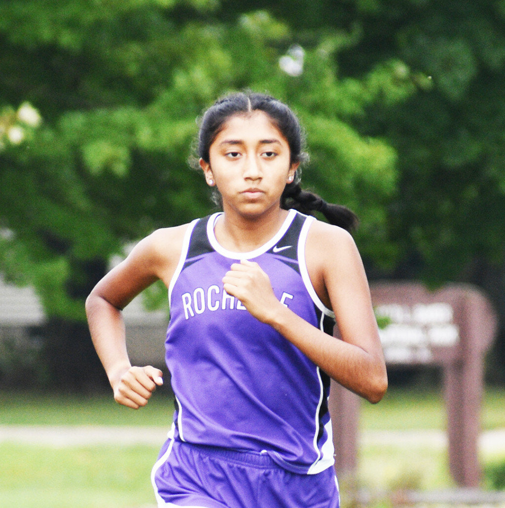 Sophomore Ahtziri Zepeda helped lead the Rochelle Lady Hubs to a cross country victory over the Plano Reapers on Thursday. (Photo by Russell Hodges)