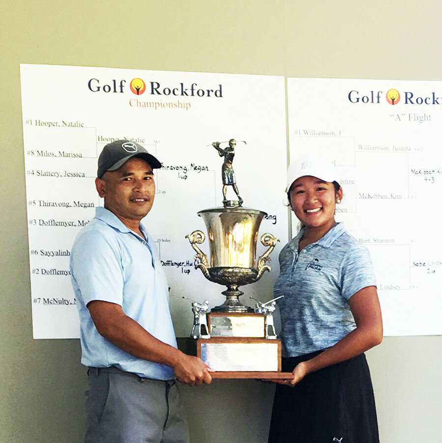 Rochelle Township High School senior Megan Thiravong holds her trophy after winning the 2020 Greater Rockford Women's Classic at Aldeen Golf Club on Sunday. Above is Megan with her father Chico Thiravong. (Courtesy photo)