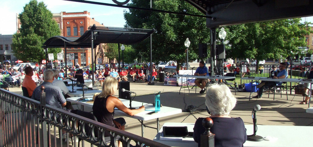 Gordon Woods / Journal — 
About 200-250 people, many wearing masks as advised during the COVID-19 pandemic, attended an outdoor county board meeting held on Mr. Lincoln’s Square Tuesday night. The board voted 6-5 to approve a special use permit application for Tradewind Energy/