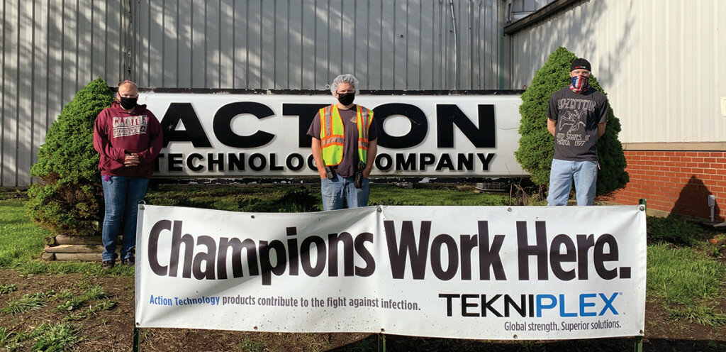 Courtesy of Dan Leevey / Action Technology — 
Action Technology don the required face masks to stay safe during their work shifts.  Action makes plastic tubing inportant in a number of industries.