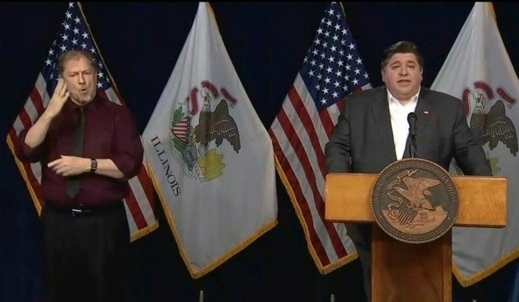 Gov. JB Pritzker talks about his Restore Illinois plan for reopening parts of Illinois in phases while giving his daily COVID-19 update Tuesday in Chicago. (Credit: blueroomstream.com)