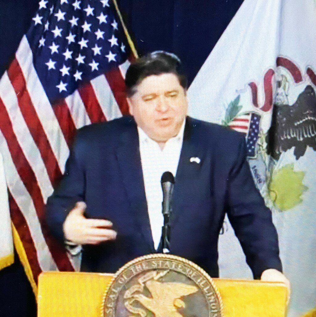 Illinois Gov. JB Pritzker speaks during his daily COVID-19 briefing Thursday afternoon, when he announced he would be signing a new executive order extending the state's stay-at-home order through May 30.