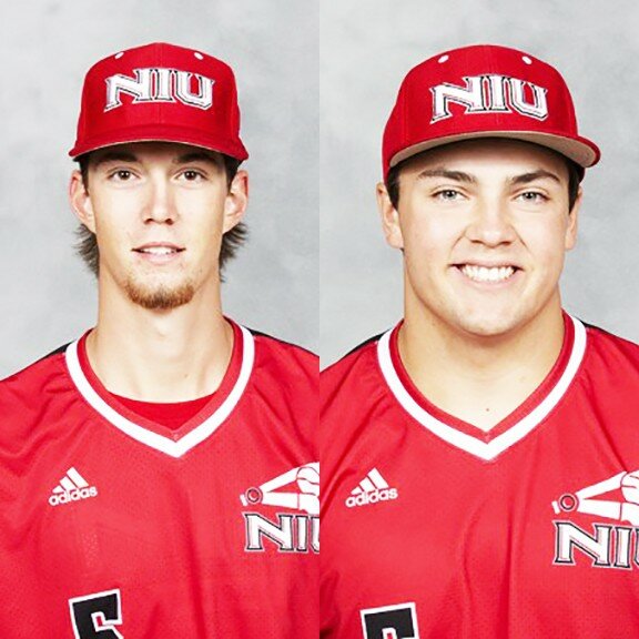 Former RTHS baseball players Kyle Seebach (left) and Brandon Johnson (right) saw their 2020 season with Northern Illinois University cut short due to coronavirus concerns. However, both men are motivated to continue improving over the extended offseason. (Photos courtesy of Northern Illinois University athletics)