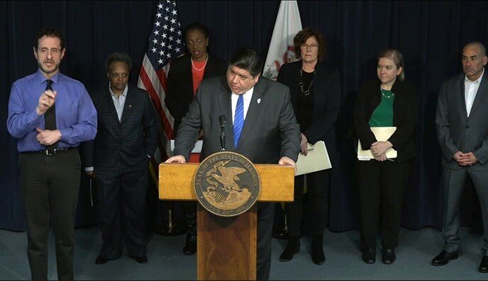 Gov. JB Pritzker announces that bars and restaurants in Illinois will be closed to the public starting Tuesday, March 17, through March 30 as part of a statewide effort to control the spread of COVID-19, which has been declared a global pandemic. Pritzker made the announcement during a daily news conference regarding coronavirus Sunday in Chicago.  — (Credit: blueroomstream.com)