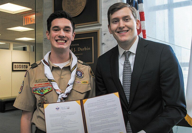 Courtesy of Boy Scouts of America — 
Clinton Scout Terry Hendriex with a representative of Sen. Richard Durbin’s office in Washington D. C. on Wednesday.