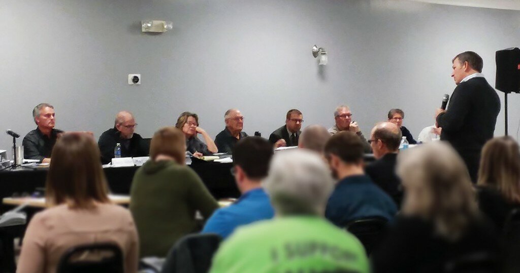 Gordon Woods / Journal — 
Ag economist D.J. Martin, far right, addressed members of the Zoning Board of Appeals about the potential effect of wind energy projects on farms.  His testimony came during Monday’s ZBA hearing for the Alta Farms II wind project special use application.