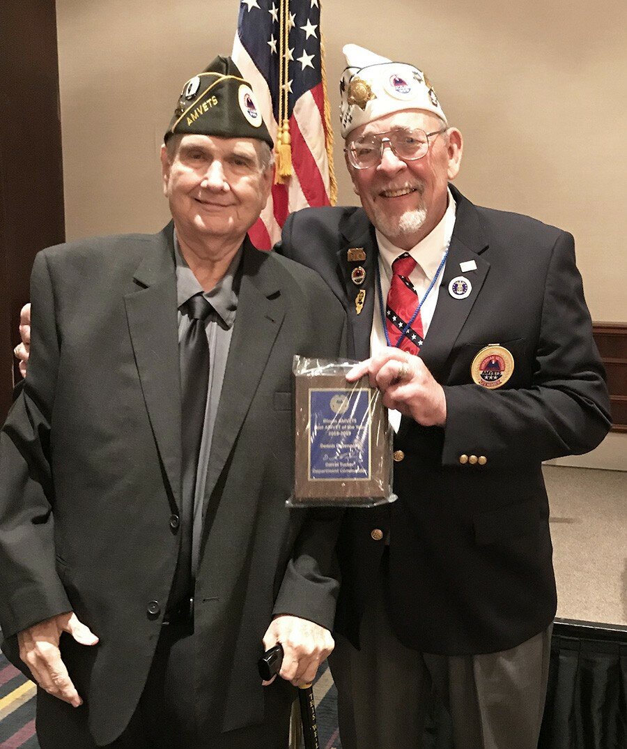 Dennis Davenport Post 14 AMVET of the Year and Outstanding Service Award Project recipient.  With Davenport is Darrel Tucker, AMVET Illinois Commander.
Courtesy 
of Clinton AMVETS