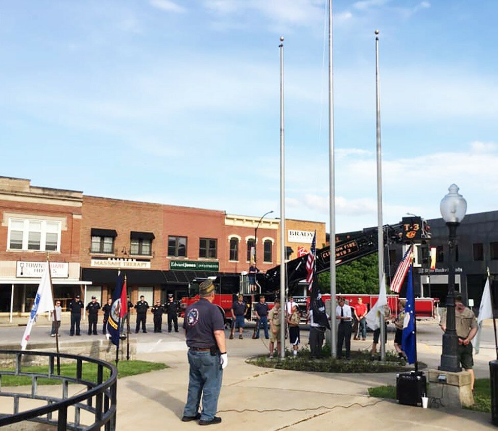 Courtesy of Clinton Chamber of Commerce — 
Local veterans’ groups gathered on Saturday morning to open weekend activities of the 2019 MayDays Festival.  The flag raising took place on Mr. Lincoln’s Square.