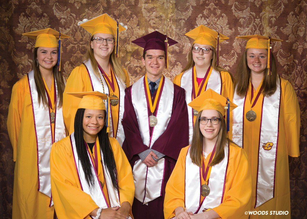 Courtesy of Woods Studio — 
Featured is the CHS 2019 Valedictorian and Salutatorians.  Valedictorian Brandon Long, center, Salutatorians, seated, Ryty DuPont-Barlow and Lindsey Hoffman.  Standing, left to right, Sydnee Underwood, Anna Mills, (Long), Emily Lux and Claudia Workman.