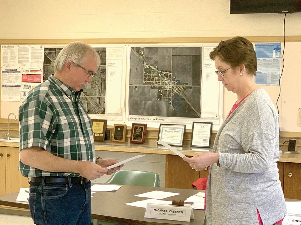 Sublette Village Clerk Brenda Vaessen, pictured right, swore in John Stenzel as new Sublette Village Board trustee during Monday nights monthly meeting. Stenzel previously served as Sublette Village President and Sublette Village Trustee. The Sublette Village Board will meet at 7 p.m., on Monday, June 10, in the Ellice Dinges Center.
Tonja Greenfield/Amboy News