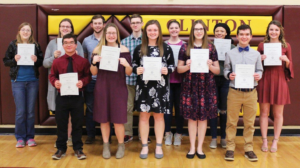 Courtesy of Clinton High School
Twelve Clinton High School seniors recently received notification that they are Illinois State Scholars for the 2018-2019 school year.  CHS student scholars are, in alphabetical order, Zayin Calvert, Tess Cooper, Ryty DuPont-Barlow, Lindsey Holtman, Brandon Long, Derek Long, Emma Lux, Anna Mills, Jordan Murphy-Leach, Sydnee Underwood, Kinser Wargel, and Claudia Workman.  The State Scholar Program publicly and personally identifies graduating high school seniors who possess superior academic potential. Students from nearly every high school in Illinois compete in the program. State Scholars can be found on the campuses of nearly 200 public and private institutions of higher education in Illinois. The combination of students’ exemplary college entrance examination scores and record high school achievement indicate an especially high potential for success in college. The Illinois State Scholar program is awarded to high school seniors based on ACT or SAT test scores and the sixth semester class size and unweighted class rank and Grade Point Average (GPA).