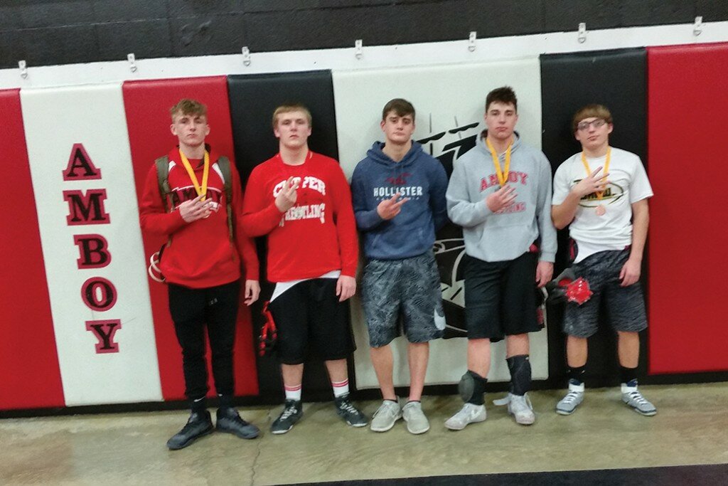 Pictured from left to right, are Amboy wrestlers who placed at the Amboy Varsity Tournament on Jan. 12, Hayden Montavon at 145 pounds, Avery Shaw at 195 pounds, Jake Schaver at 160 pounds,Dorian Barlow at 182 pounds and Zack Wicaryus at 132 pounds.
Photo submitted