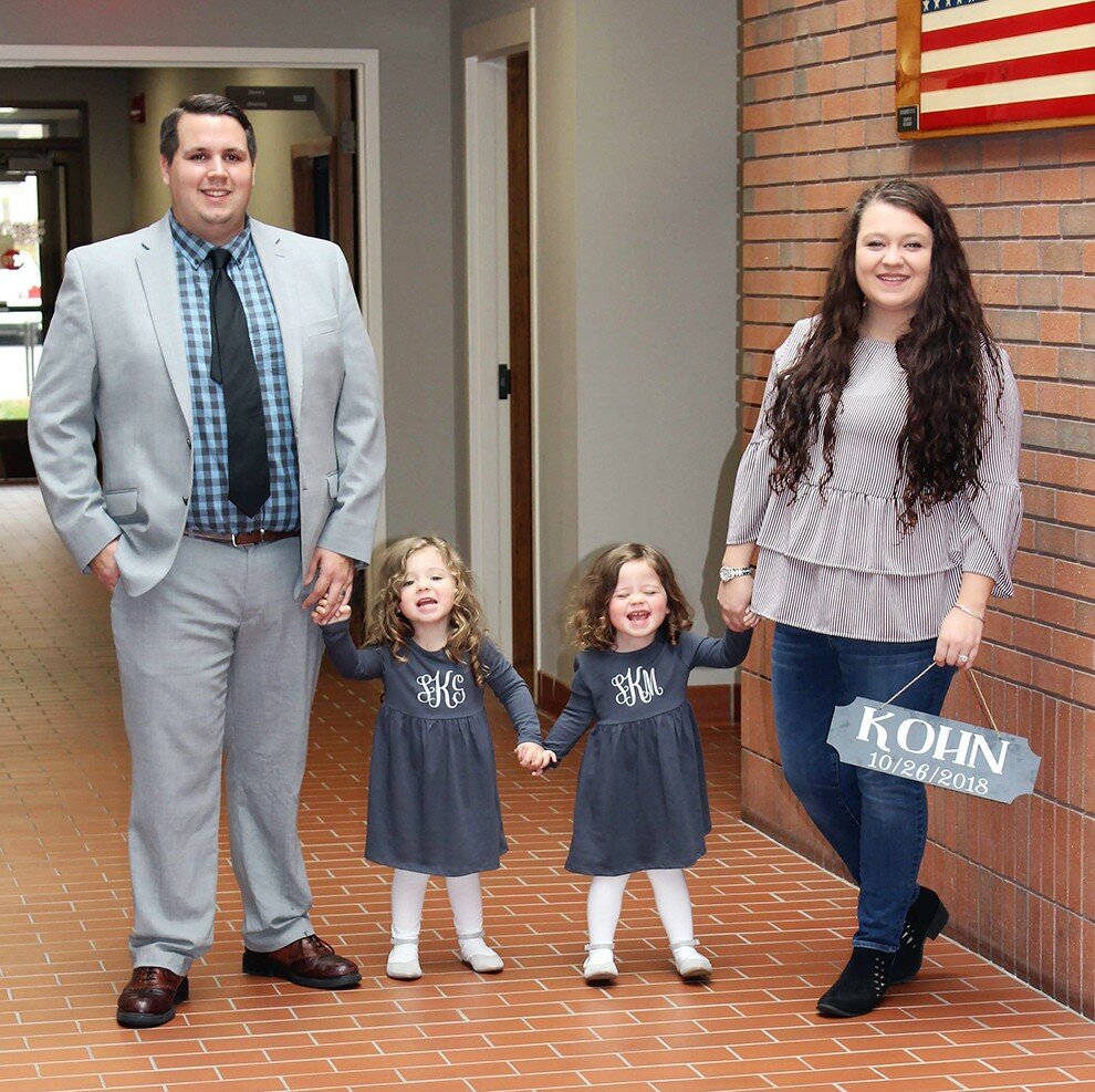 Submitted photo
On Friday, Oct. 26, Adam Kohn officially adopted twins Sawyer and Sloan Sirois, 2, daughters of Alexis Sirois Kohn, all of Clinton. Judge Karle Koritz officiated.  The twins are the granddaughters of Dan and Lisa Sirois, Tampa, Fla.; Roxann Vanvaley, Clinton; Jeff Vanvaley, Clinton; Scott and Susan Kohn, Mattoon; and Calene Kohn, Arthur.