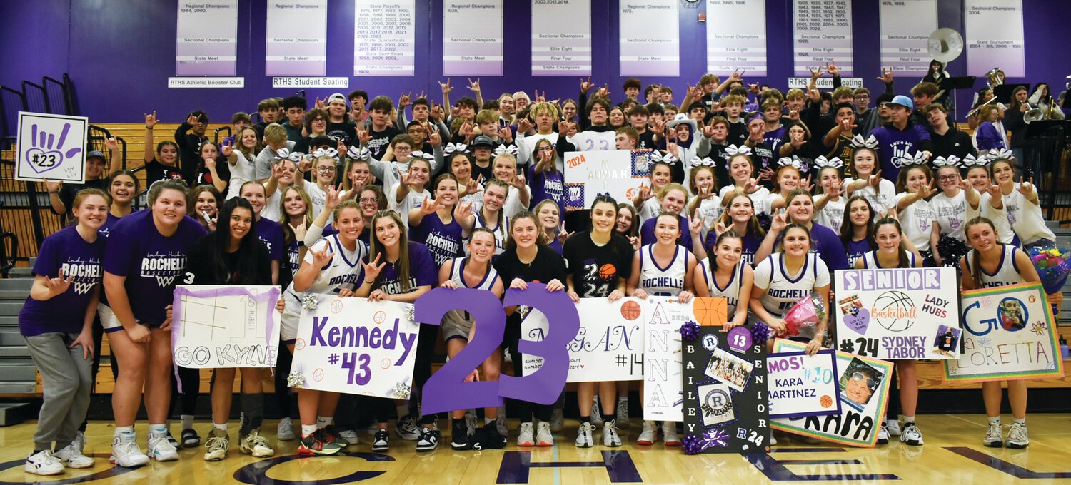 The Rochelle Lady Hub basketball team and Rochelle Township High School students shared their support for senior Alivia Henkel after Monday's Senior Night win over Sandwich.