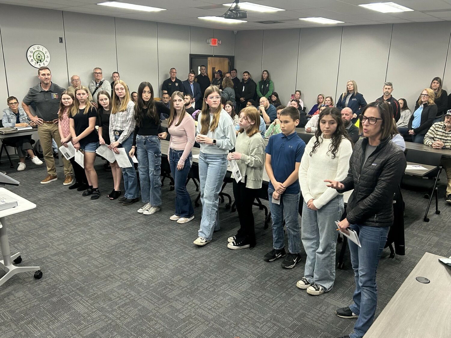 Students from Northbrook Middle School give a presentation on ‘Project Sidewalk’ to the Mendota City Council at the April 21 council meeting. (Reporter photo)