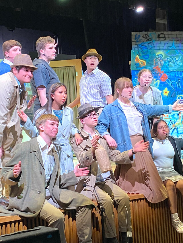 Cast members practice ‘Skid Row.’  In the front are Connor Hofer, Charlie Bragg, Tessa Gogolin and Yoselyn Yanes. In the middle are Jose Garcia, Nakia Mohr and Molly Whitney, while Davis Osier, Jonah Beck and Eh Jah Beh Win are in the back.