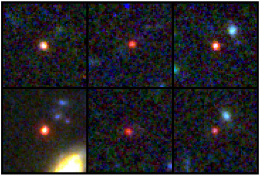 This image provided by NASA and the European Space Agency shows images of six candidate massive galaxies, seen 500 to 800 million years after the Big Bang. One of the sources (bottom left) could contain as many stars as our present-day Milky Way, but is 30 times more compact. (NASA via AP)
