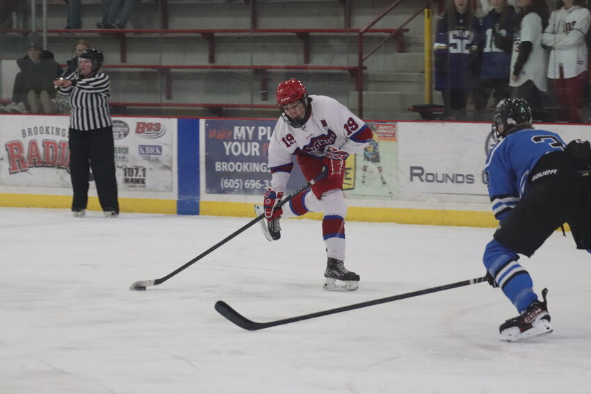 Jacob Kahle prepares to shoot the puck during a game against Sioux Center in Brookings on Dec. 1.