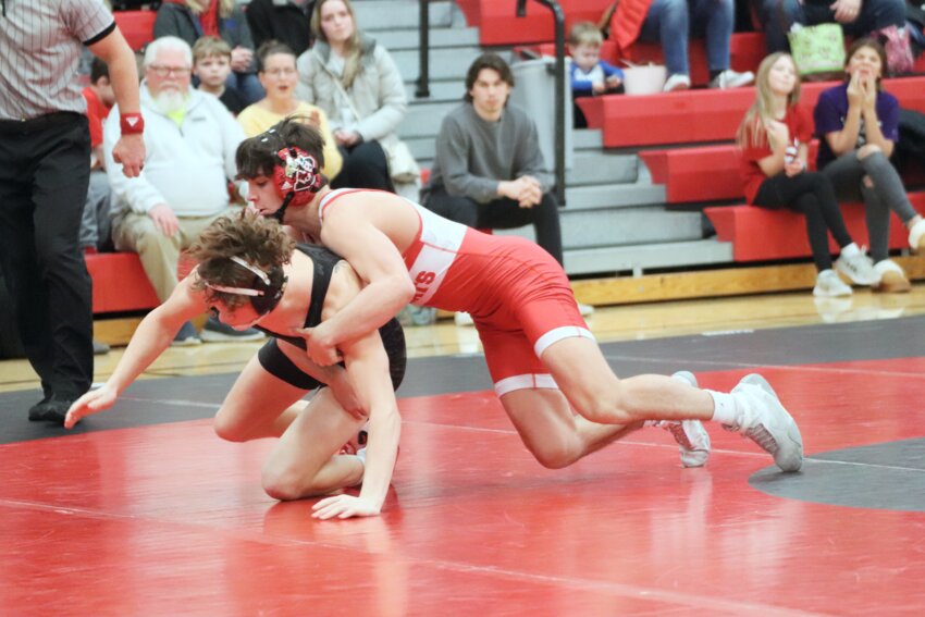 Brookings’ Nolan Miles, right, wrestles during a dual against Brandon Valley on Jan. 16 in Brookings. Miles is the top seed in the 132-pound weight class in the Class A State Wrestling Tournament this weekend at the Denny Sanford PREMIER Center in Sioux Falls.