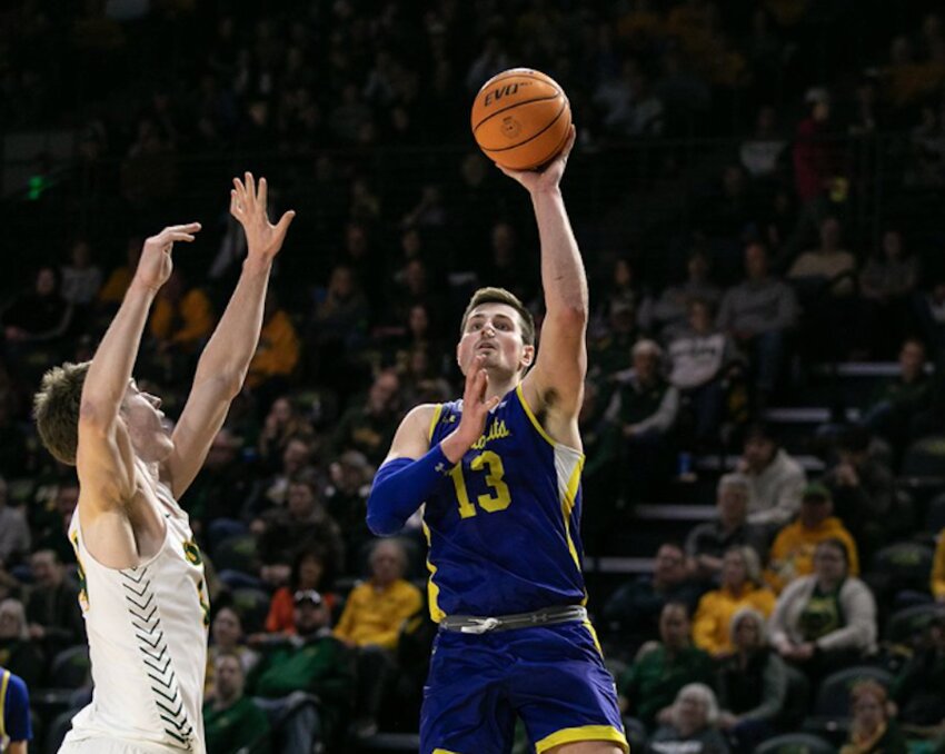 South Dakota State forward Luke Appel takes a shot during the first half of a game against North Dakota State at the Scheels Center in Fargo on Saturday afternoon.