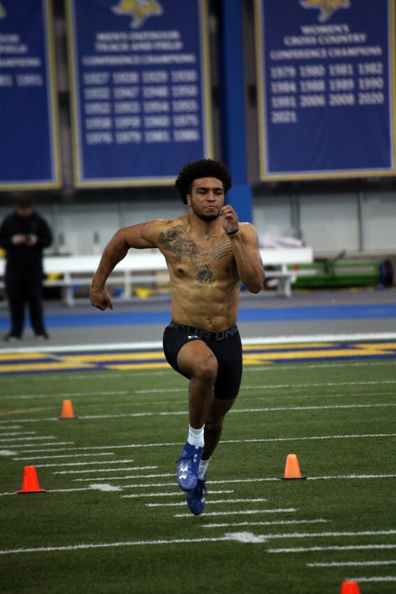 Former South Dakota State linebacker Isaiah Stalbird runs the 40-yard dash at SDSU’s Pro Day on Wednesday at the Sanford Jackrabbit Athletic Complex in Brookings.