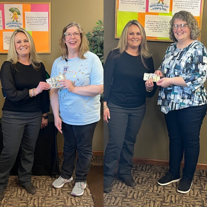 Huron Area Education Federal Credit Union Manager Kristen Jurgens is shown presenting the “Ca$h for the Classroom” funds to Eva Barnes (left) and Laura Beck (right).