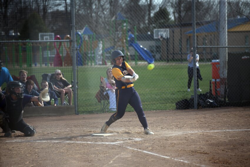 Sioux Valley’s Abby Axtell hits a home run during the fourth inning of a 18-3 win over Flandreau in Volga on Monday.
