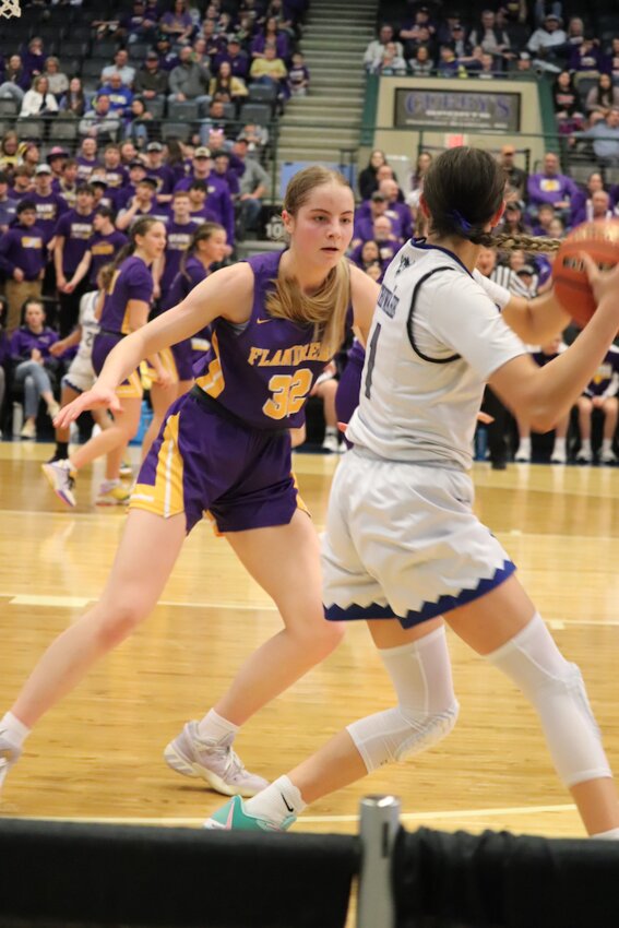 Flandreau’s Claire Sheppard guards against a Mahpíya Lúta player at this year’s Class A Girls tourney. Sheppard was named the Brookings Register’s All-Register Player of the Year