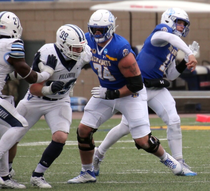 Former South Dakota State offensive lineman Mason McCormick gets ready to block during a game against Villanova in the quarterfinals of the FCS Playoffs in Brookings.