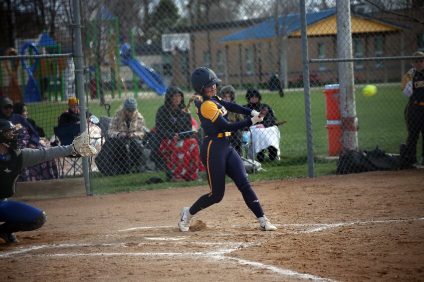 Sioux Valley’s Morgan Lemme hits a double during a 12-2 victory over Baltic in five innings on Thursday afternoon in Baltic. It was the third-straight win for the Cossacks and Sioux Valley is now 4-1 on the season.