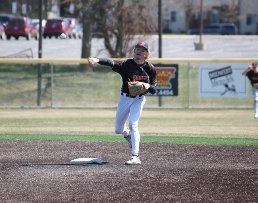 Brookings shortstop Tyson Antonen turns a double play in the fifth inning during a game against Rapid City Stevens at Bob Shelden Field in Brookings on Sunday afternoon.