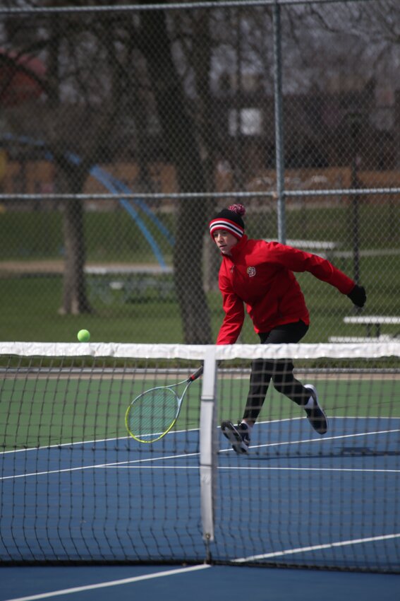 Brookings’ Braylon Peters prepares to hit the ball during a doubles match against Rapid City Stevens on April 19 at Hillcrest Tennis Courts in Brookings.