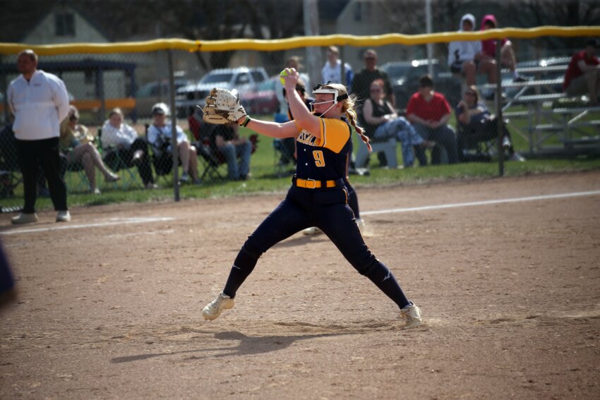 Sioux Valley’s Zaylee Lantgen pitches during a game against Flandreau on April 15 in Volga. Lantgen pitched five innings against Milbank on Monday and came away with a 9-0 win.