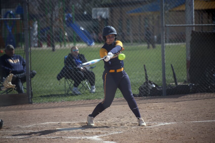 Sioux Valley’s Amelia Jacobson hits the ball during the first game of a doubleheader against Colman-Egan in Volga on Tuesday afternoon. The Cossacks won the game 13-5.