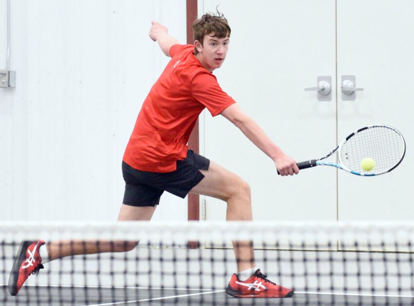 Brookings’ Carson Kreie hits the ball during a dual against Yankton on Thursday afternoon in Yankton.